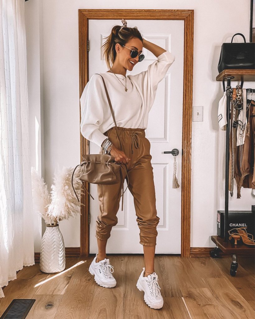 Karina Style Diaries styling faux leather joggers white sweater white sneakers croos body Protea bag Mansur Gavriel Sporty Style