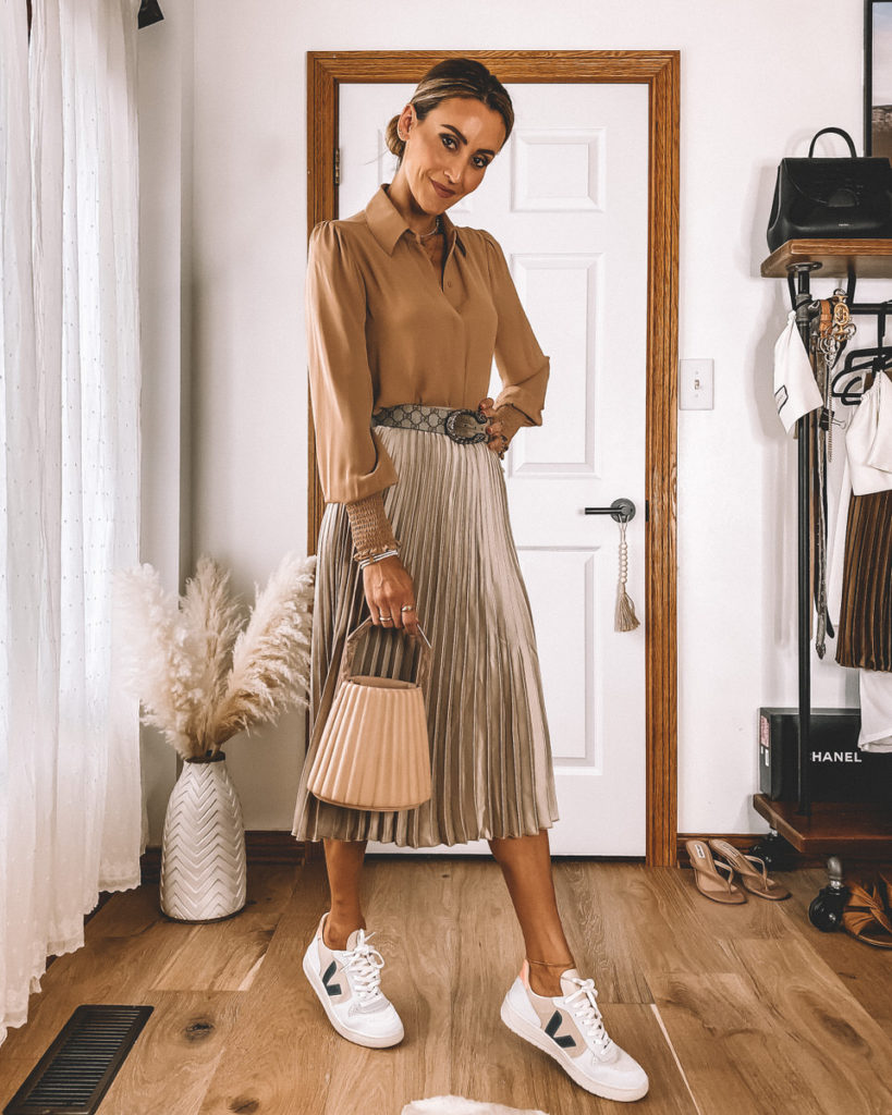 Tan silk shirt pleated midi skirt veja suede sneakers bucket bag gucci belt outfit  