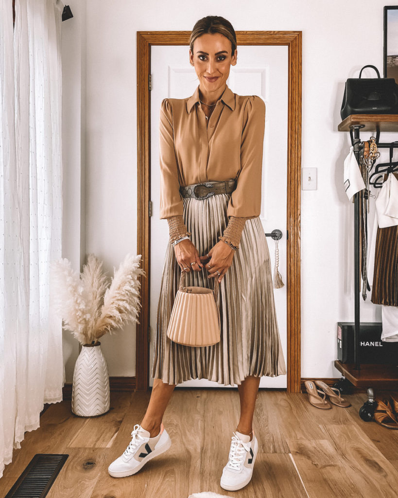 Tan silk shirt pleated midi skirt veja suede sneakers bucket bag gucci belt outfit