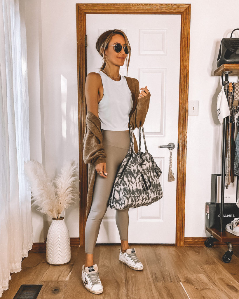 7 ways to stle Airlift Leggings styled with cropped top cardigan alo yoga big bag Golden Goose fur sneakers