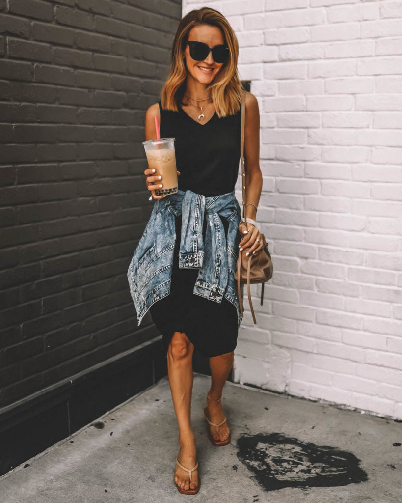 Karina Style Diaries wearing black midi cotton dress with kee knot jean jacket tied arunf the waist crossbody Mansur Gavriel Protea bag outfit