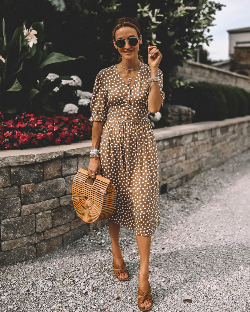 Tan midi dress under $20 polka dot puff sleeve perfect fit bamboo bag leather sandals summer outfit
