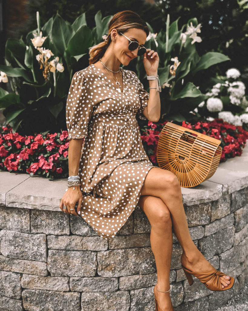 Tan midi dress under $20 polka dot puff sleeve perfect fit bamboo bag leather sandals summer outfit