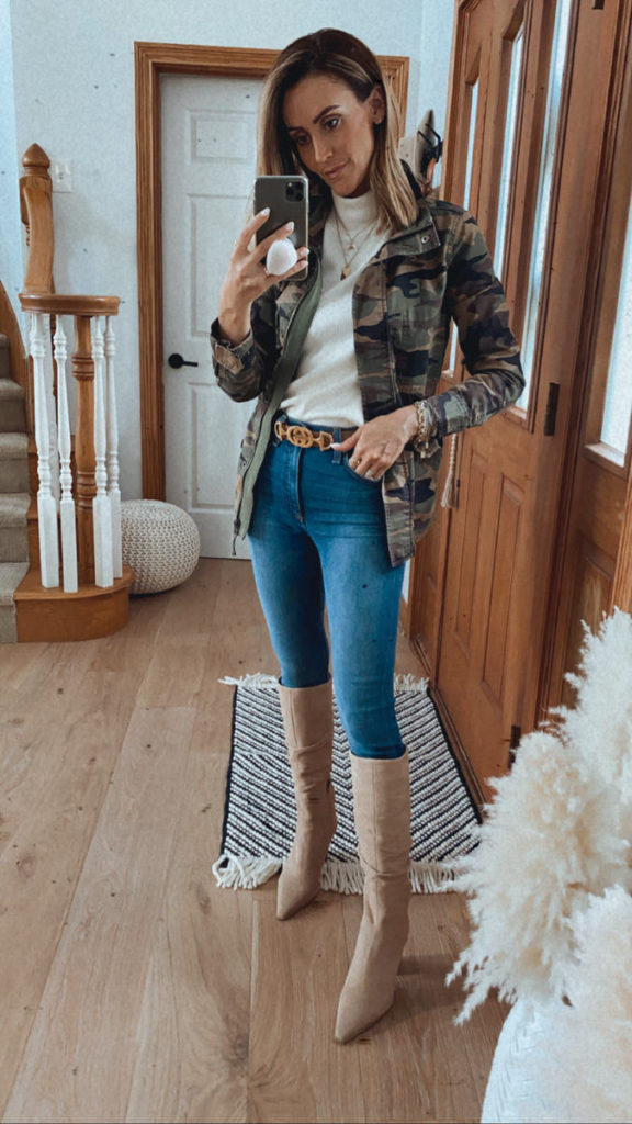 Rag & Bone skinny jeans outfit camo jacket tall cream boots fall style