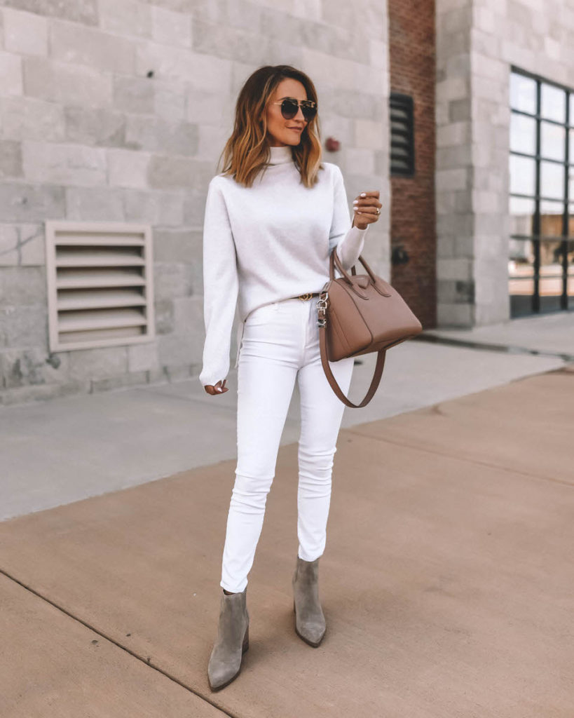 NSale Vince cashmere blend sweater all white look white skinny jeans grey booties givenchy antigona bag Gucci gradiente aviators fall neutral style