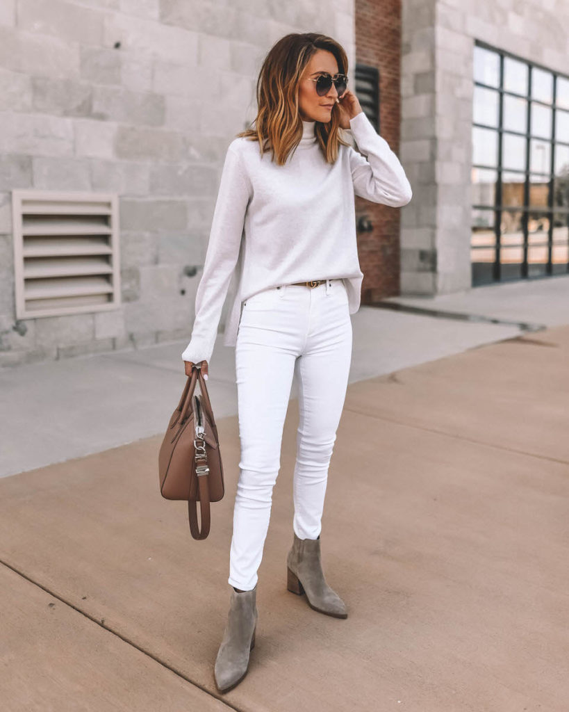 NSale Vince cashmere blend sweater all white look white skinny jeans grey booties givenchy antigona bag Gucci gradiente aviators fall neutral style