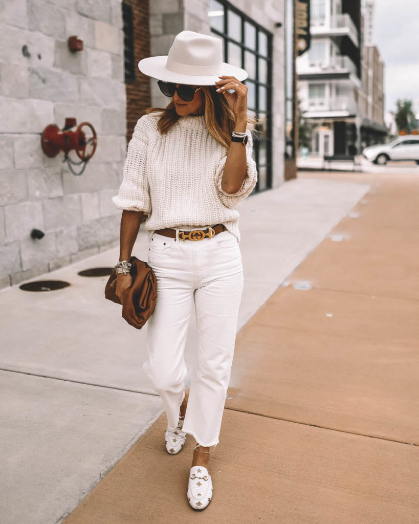 Karina Style Diaries wearing monochromatic cream outfit fall layers in cream Tamara Mellon sandals Celine Canvas logo bag long wool coat fall style