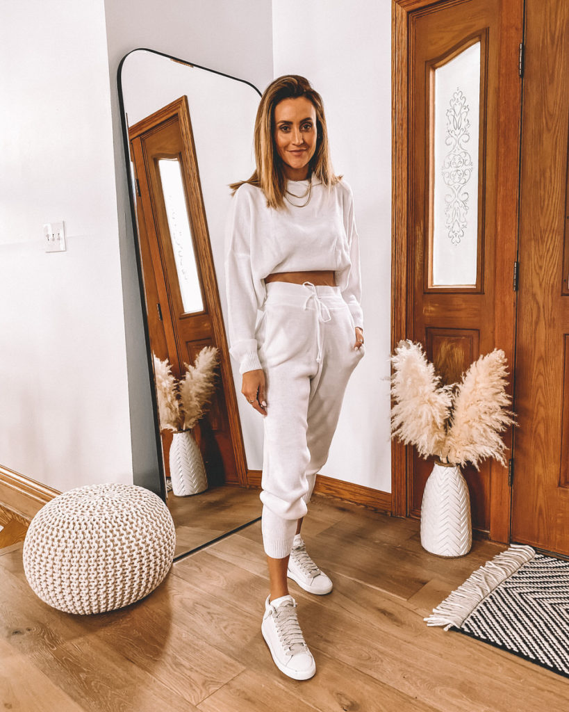white hoodie knit set outfit