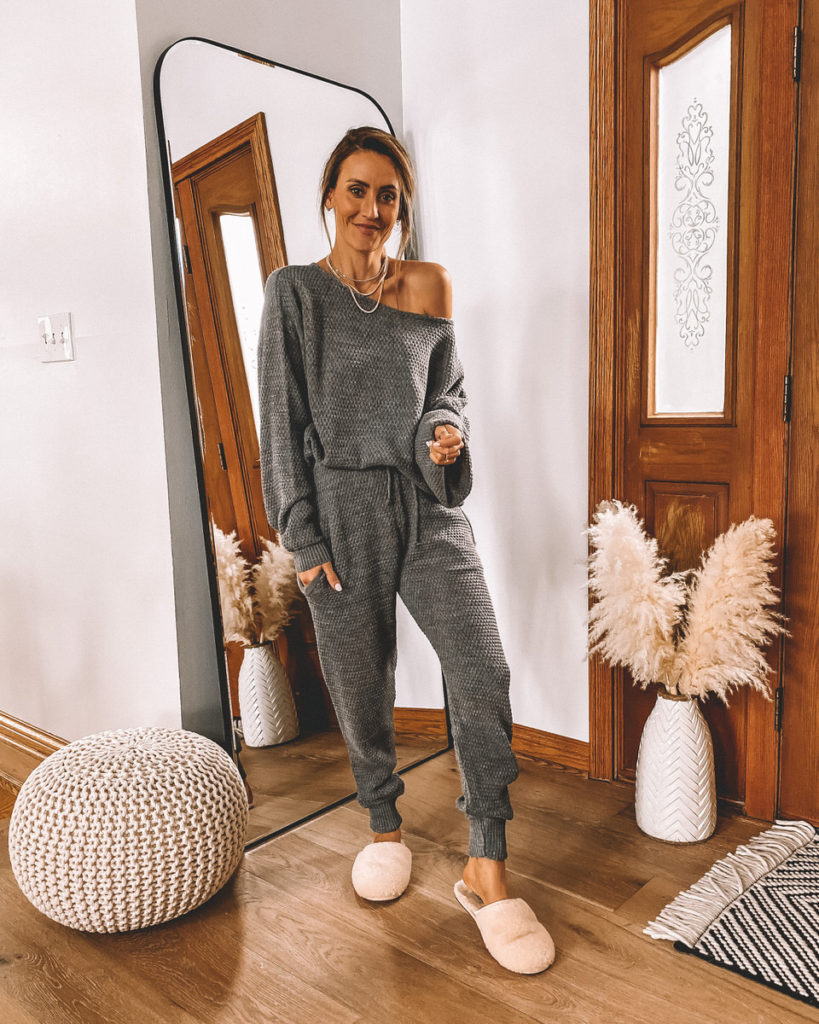 Cozy matching set off the shoulder sweater knit jogger grey