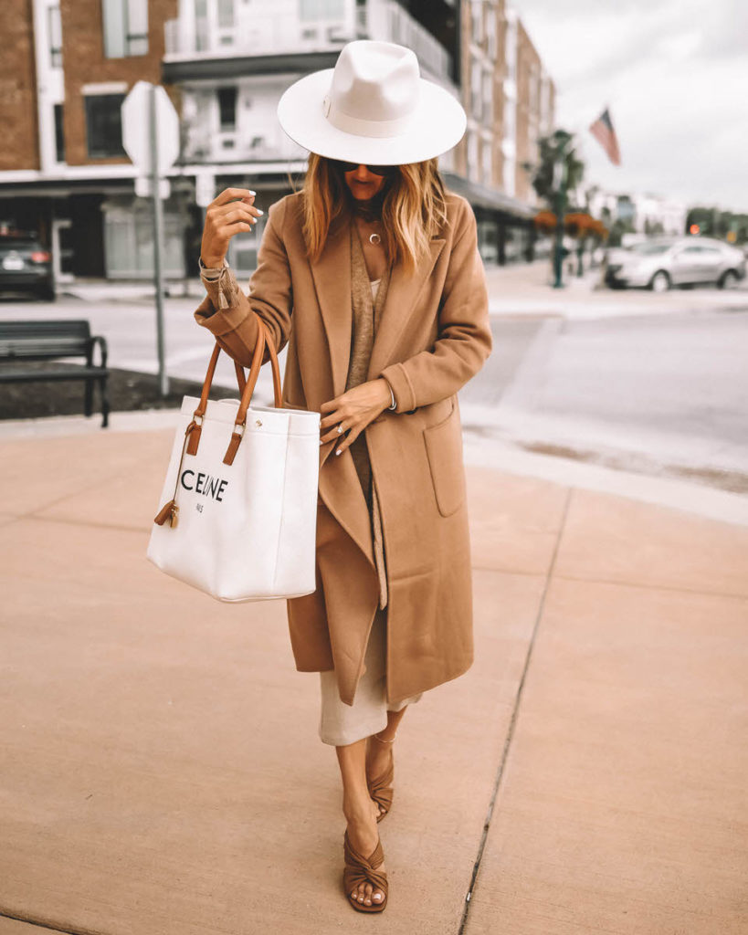 Karina Style Diaries wearing camel layers outfit fall style midi knit dress cardigan long camel coat celine bag felt hat