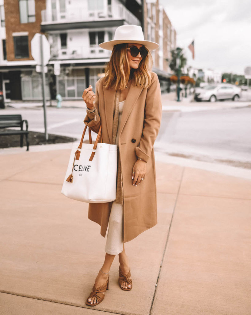 Chic layered fall look for maternity style with camel sweater coat