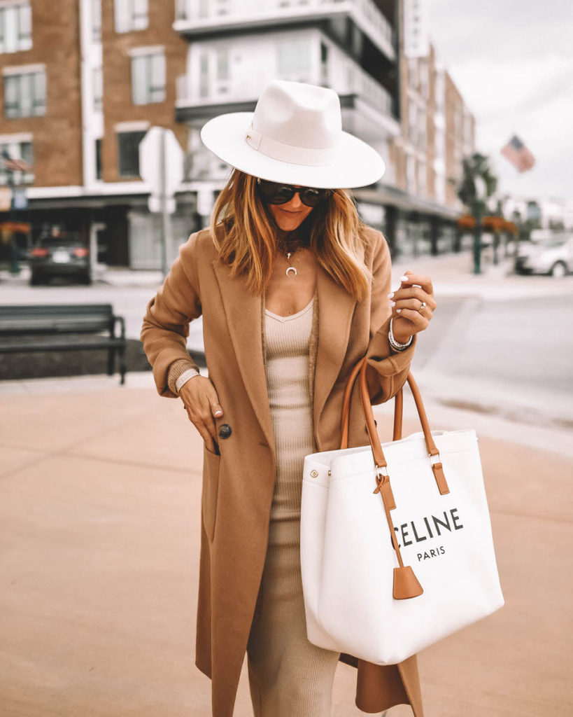 Karina Style Diaries wearing camel layers outfit fall style midi knit dress cardigan long camel coat celine bag felt hat