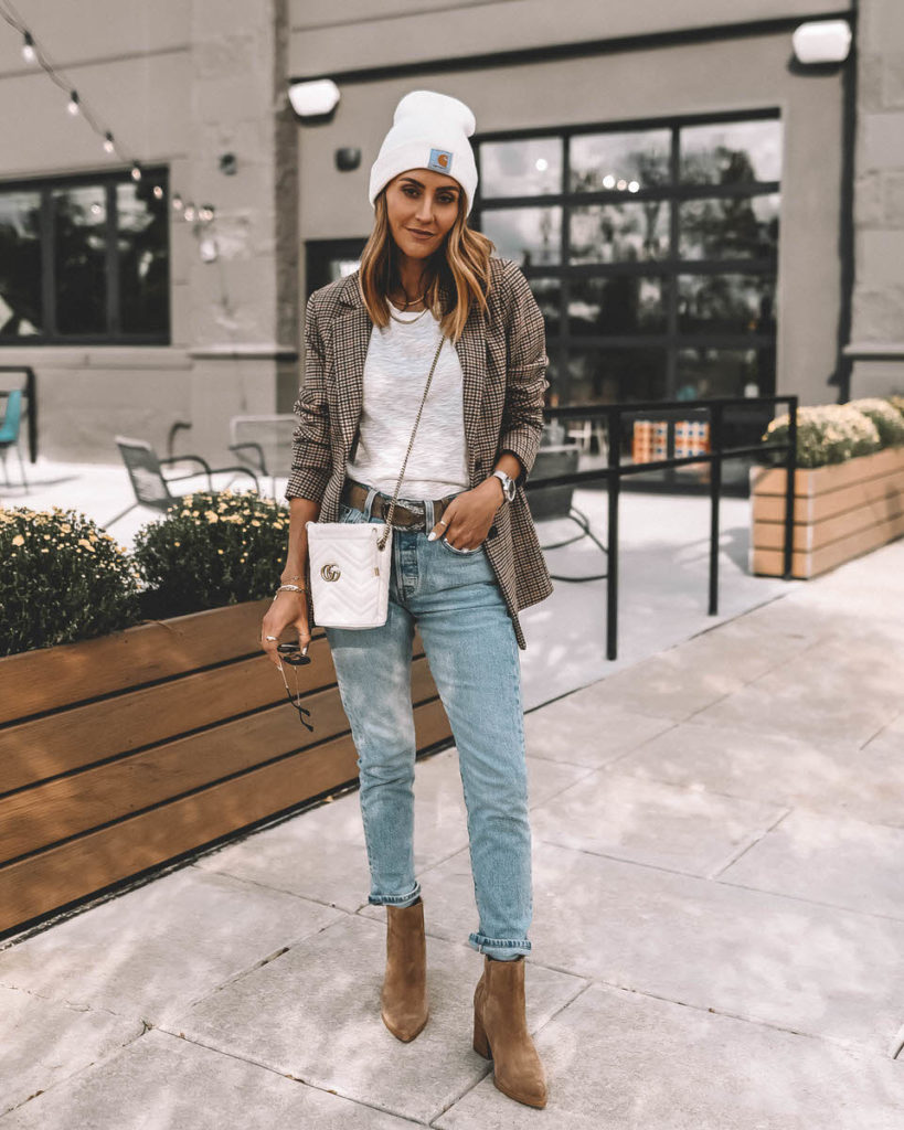 Karina Style Diaries wearing plaid wool blazer coat levis skinny jeans essential shirt marc fisher booties carhartt logo patch beanie gucci bucket bag gucci belt fall style