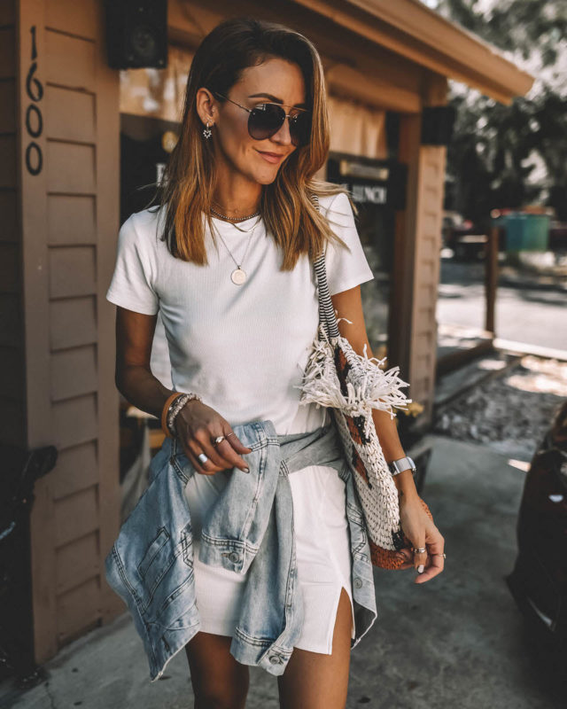 White dress denim jacket outfit