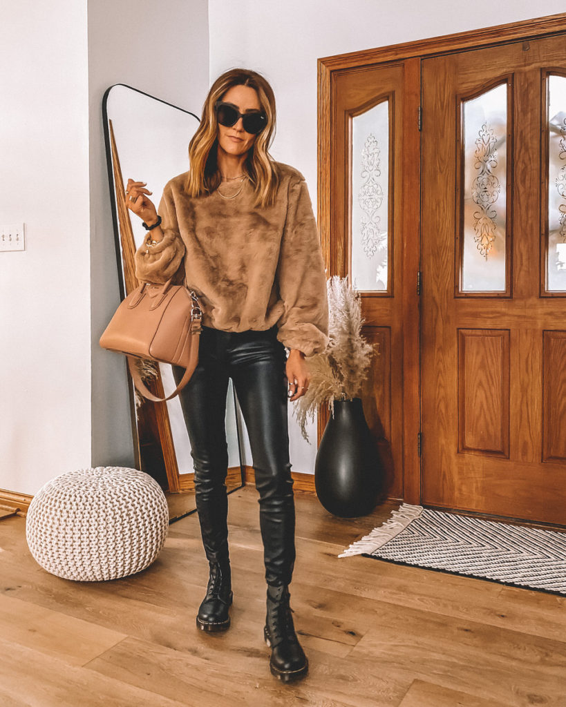 5 ideas to style combat boots neutral outfit express faux fur crewneck sweat shirt vegan leather pants fall outfit
