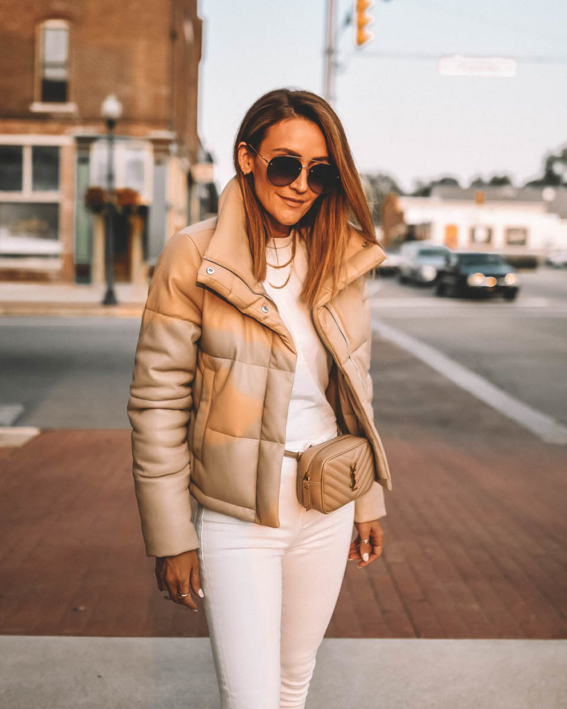 Nude vegan leather puffer jacket outfit all white neutral style YSL mini Lou belt bag  