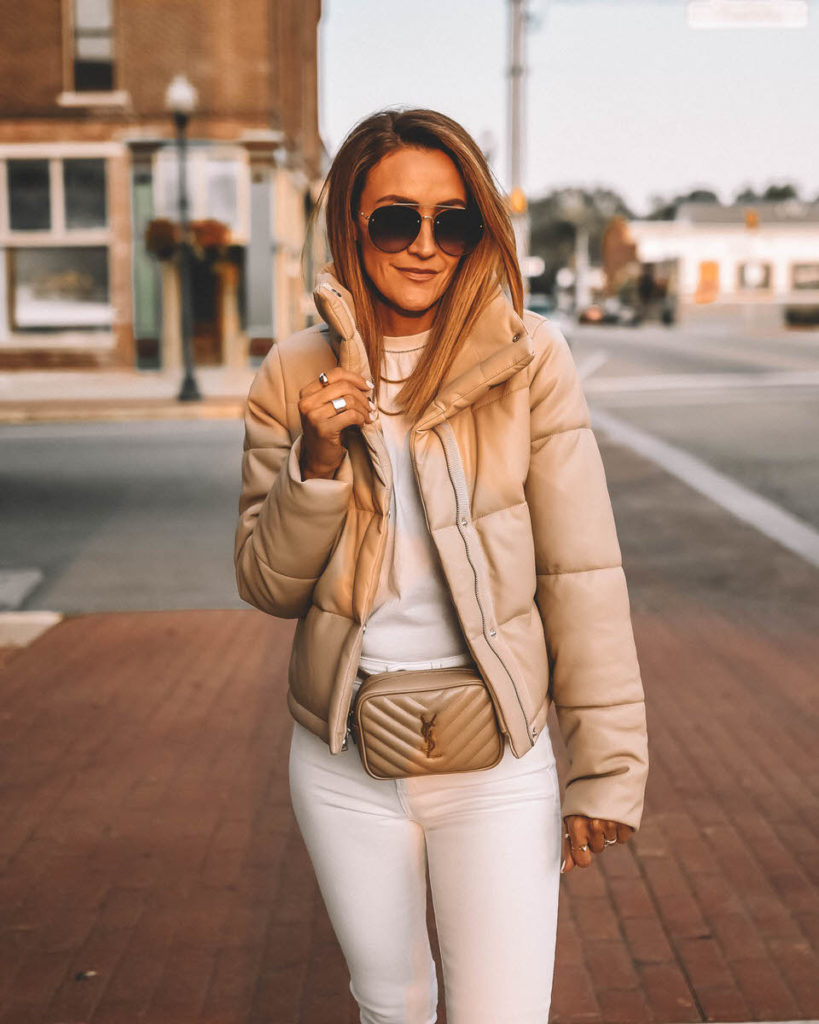 Nude vegan leather puffer jacket outfit all white neutral style YSL mini Lou belt bag