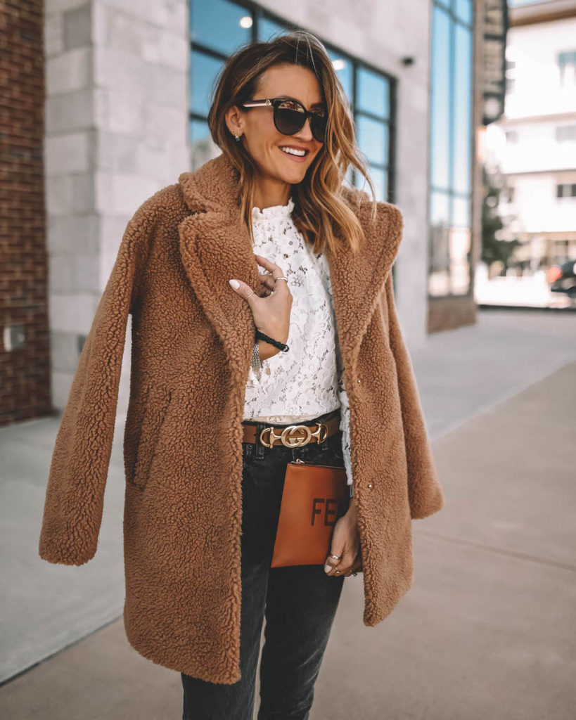 Brow teddy sherpa jacket outfit fall style