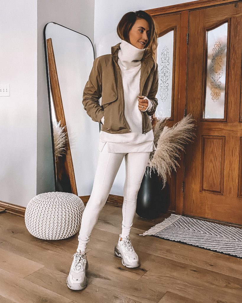 Karina Style Diaries wearing Lulu lemon jacket Alo yoga jogger legging funnel neck fleece sweater balenciaga sneakers in off white neutral style