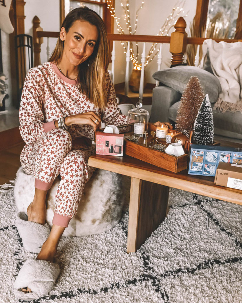 Karina style diaries Holiday Gifting, christmas decor ideas, star pajamas fuzzy slippers living room decor