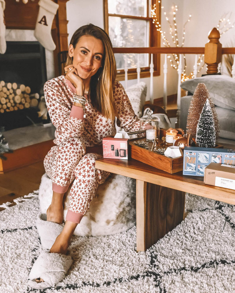 Karina style diaries Holiday Gifting, christmas decor ideas, star pajamas fuzzy slippers living room decor