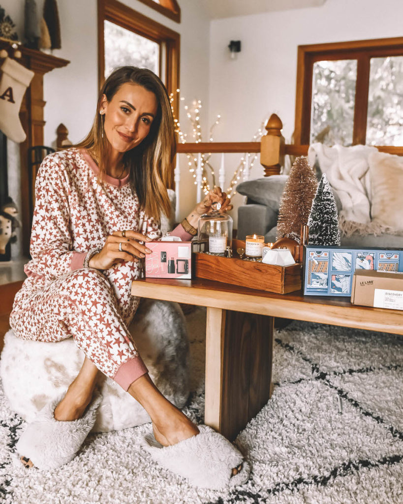 Karina style diaries Holiday Gifting, christmas decor ideas, star pajamas fuzzy slippers living room decor 