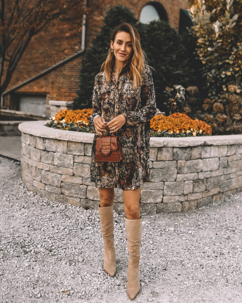 walmart fashion Scoop A-line shirt dress snakeskin print tall suede boots top handle embossed brown handbag fall style