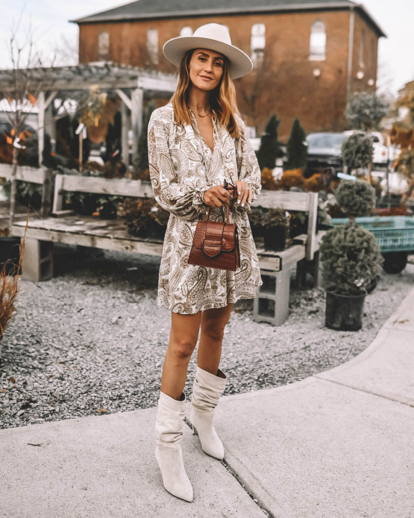 walmart fashion Scoop A-line shirt dress print tall slouchy boots top handle embossed brown handbag wool hat fall style