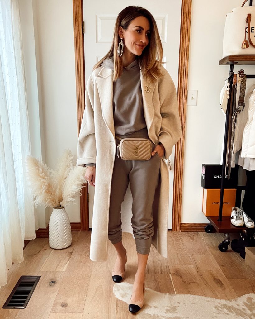 Karina Style Diaries wearing abercrombie and fitch jogger and hoodie set belt wool coat slingback YSL bag fall style