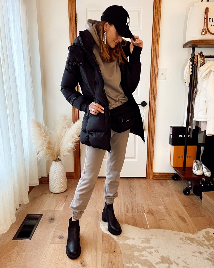 Karina Style Diaries wearing abercrombie and fitch jogger and hoodie set SAM highway down jacket balenciaga bag steve madden booties fall style