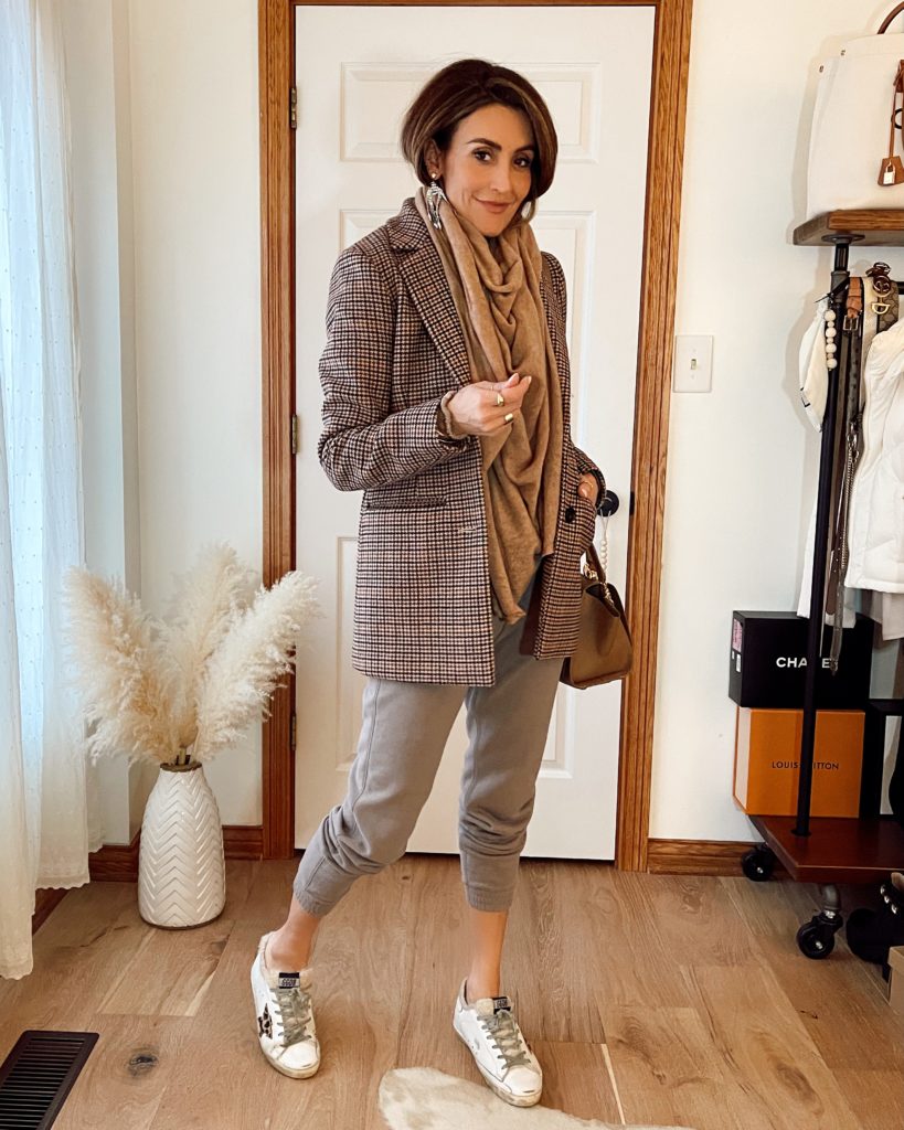 Karina Style Diaries wearing abercrombie and fitch jogger and hoodie set wool plaid blazer golden goose sneakers fall style