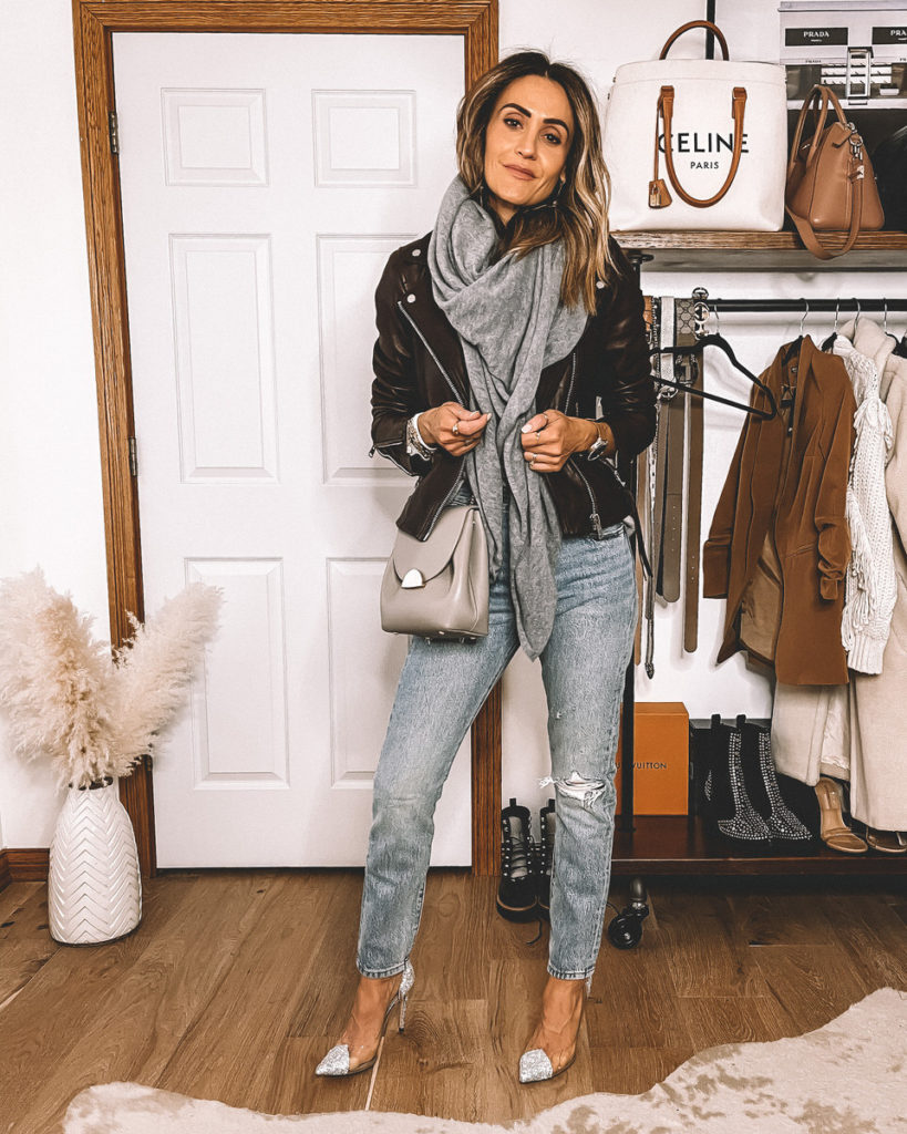 Karina Style Diaries wearing all saints leather jacket cashmere sweater levis skinny jeans studded heels fall style
