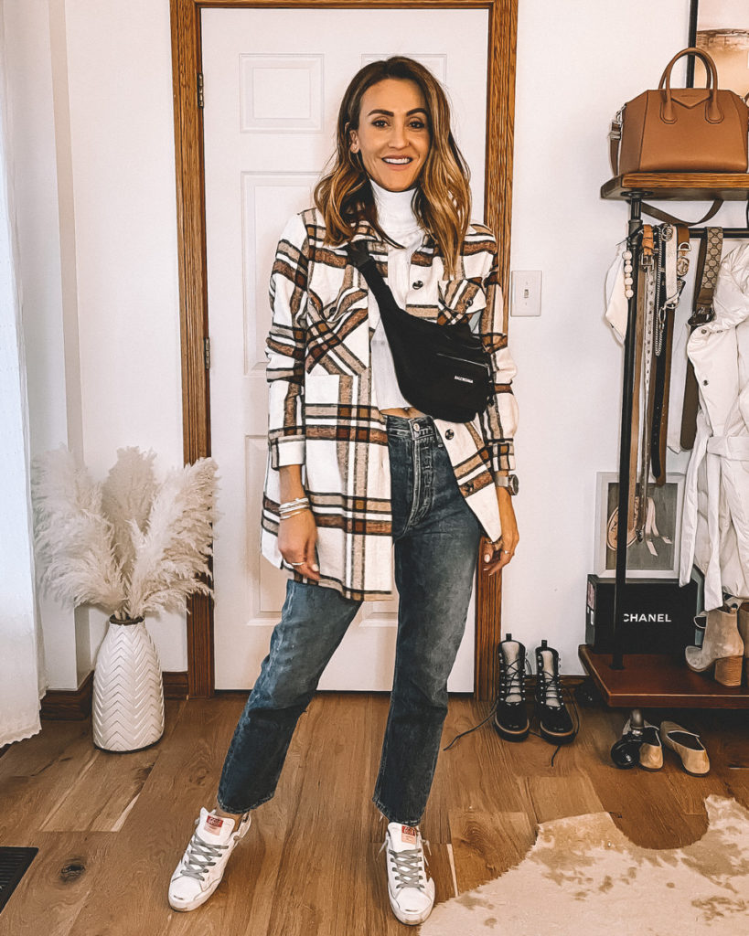 Karina Style Diaries wearing plaid jacket golden goose sneakers straight cropped jeans balenciaga belt bag neutral style
