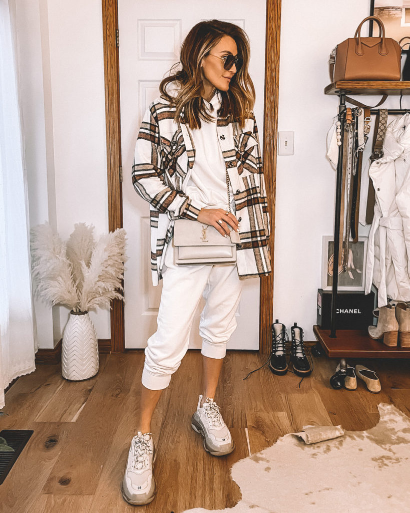 Karina Style Diaries wearing plaid jacket hoodie and jogger set balenciaga sneakers ysl bag neutral style