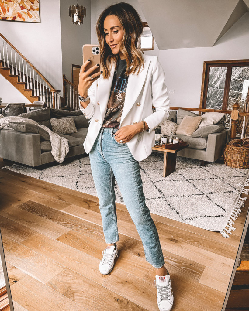 Karina Style Diaries wearing Agolde Riley Jeans, Anine Bing tiger tee, Golden Goose sneakers, white blazer with gold buttons