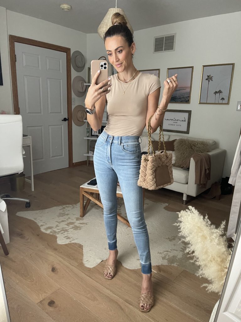 Express tee and jeans, tan sandals, neutral style