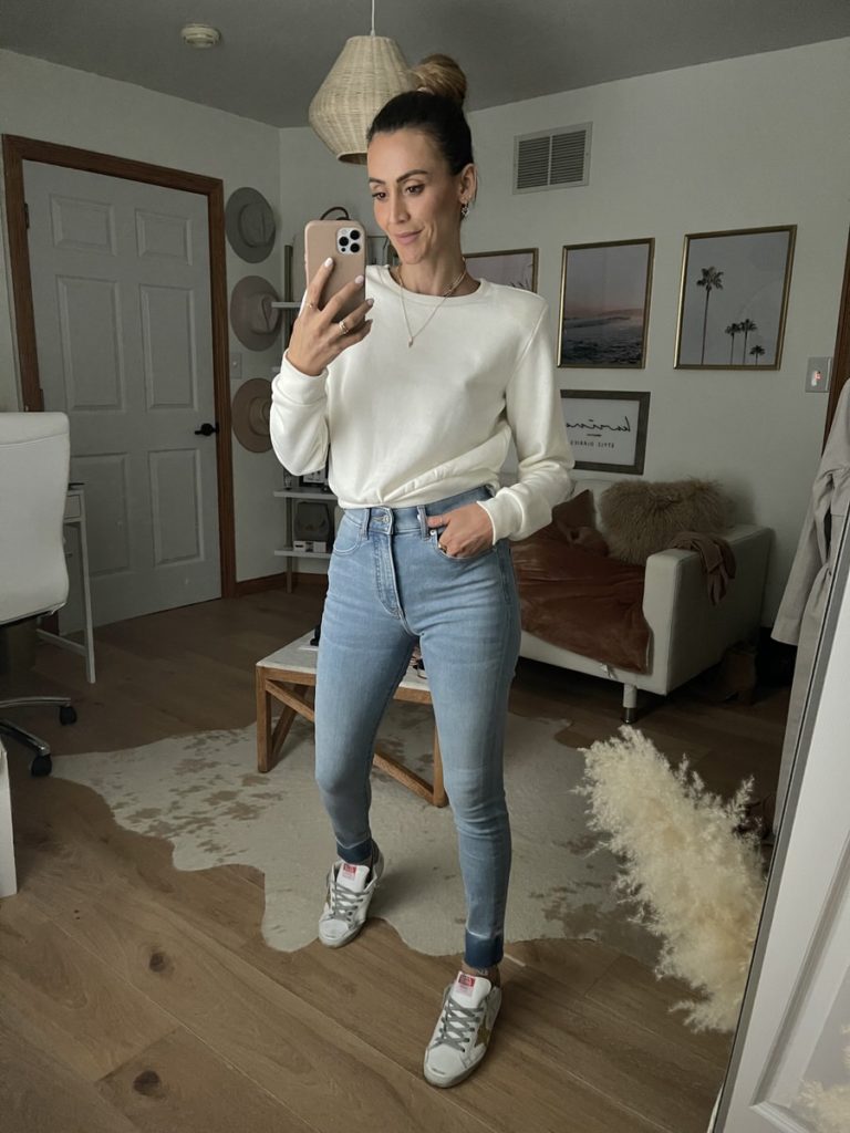 Express sweatshirt, express jeans, golden goose sneakers, neutral style