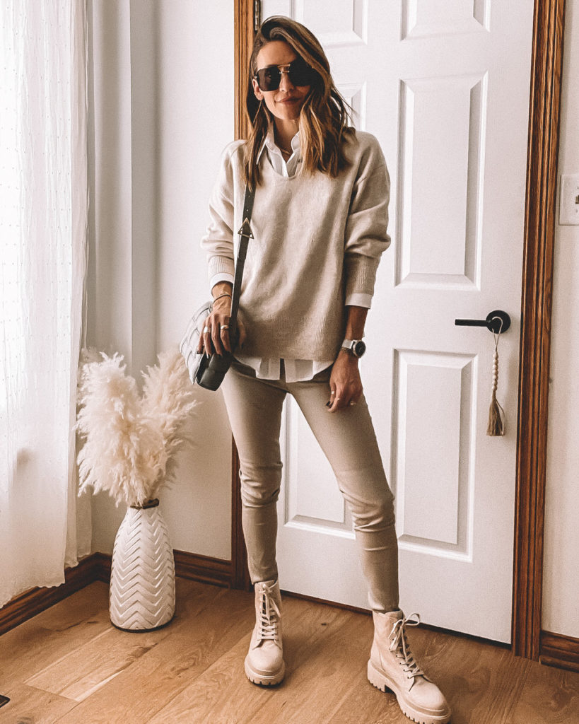 Neutral Outfit, Zara Haul, Cream sweater, white shirt, faux leather legging, cream combart boots outfit 