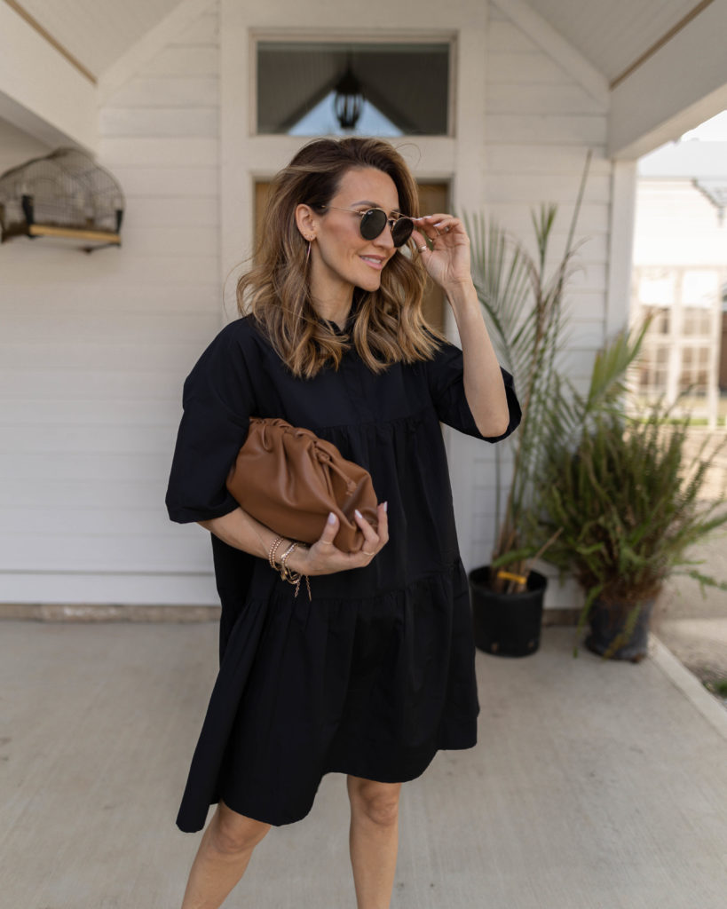 Karina Style Diaries wearing mango oversized dress tan clutch express bow sandals ray ban sunnies neutral style