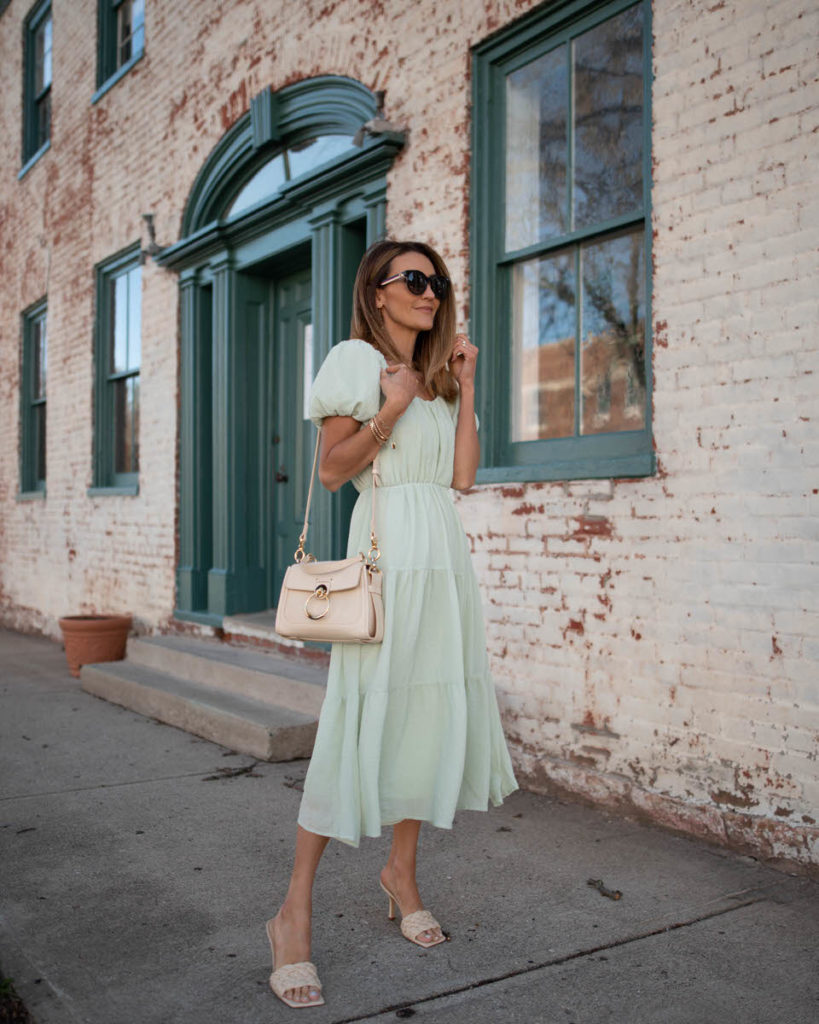 Karina Style Diaries, chloe mini Tess sweet beige outfit, green dress