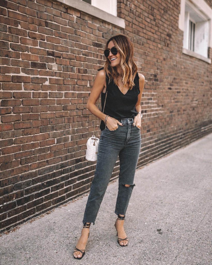 Karina Style Diaries wearing express tie shoulder tank super high waisted jeans mini gucci bucket bag neutral style