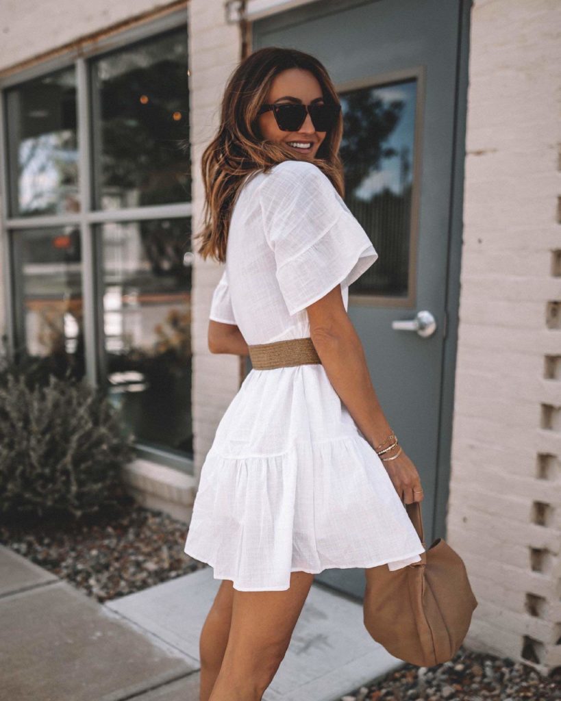 Karina Style Diaries wearing amazon white shift dress straw belt tote bag cateye sunglasses neutral style