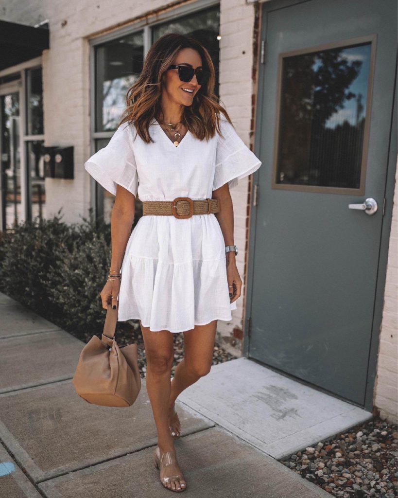 Karina Style Diaries wearing amazon white shift dress straw belt tote bag cateye sunglasses neutral style