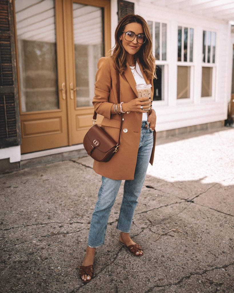Karina Style Diaries wearing zara blazer abercrombie top agolde jeans tan leather slides cognac bag neutral style
