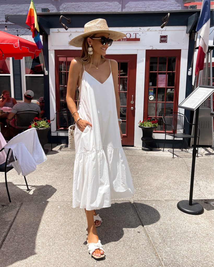Karina Style Diaries wearing white dress fringe sandal mini gucci bucket bag neutral summer style