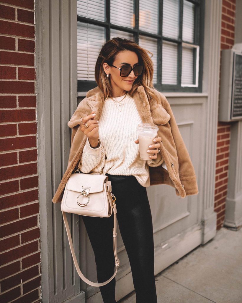 Karina Style Diaries wearing nsale teddy sweater ribbed sweater spanx leggigns neutral style