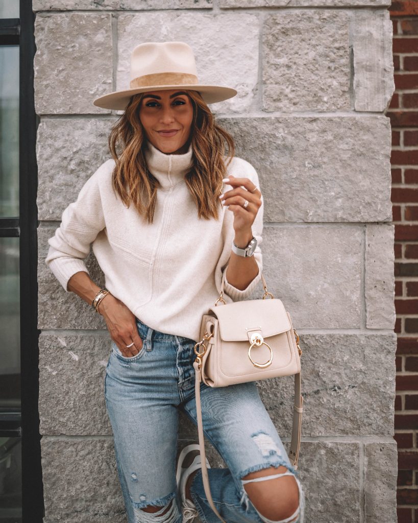 Karina Style Diaries wearing cozy sweater ripped jeans fedora hat chloe bag sneakers neutral style