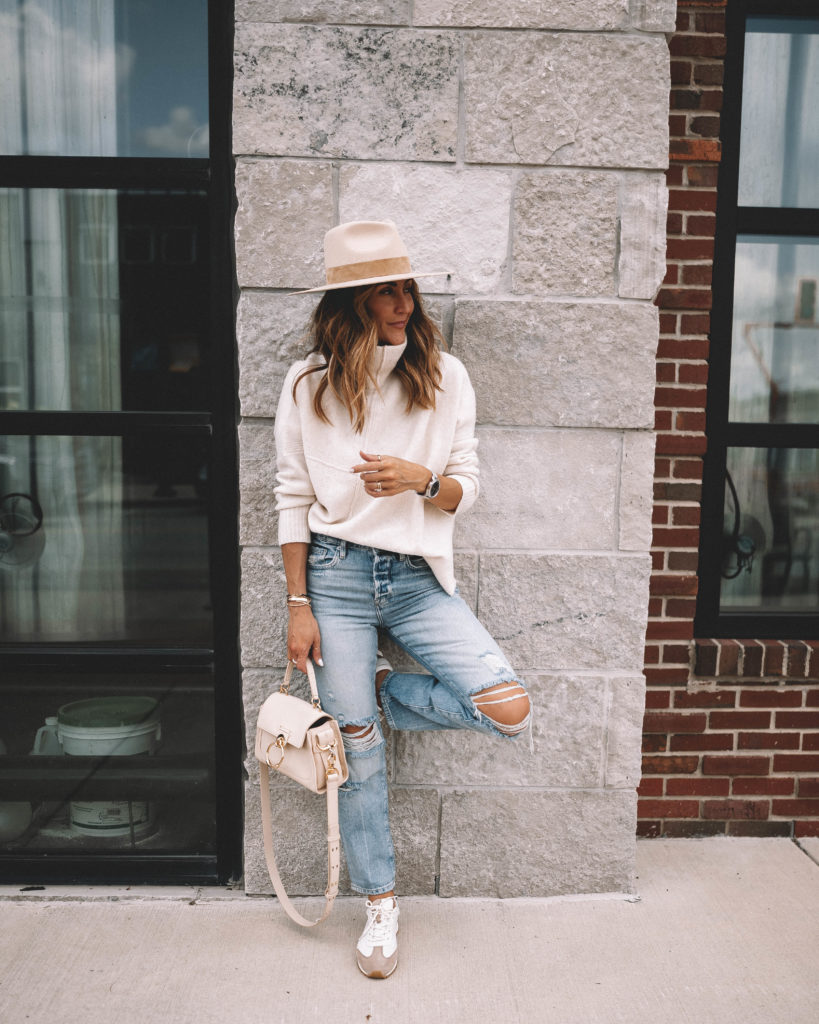 Karina Style Diaries wearing cozy sweater ripped jeans fedora hat chloe bag sneakers neutral style
