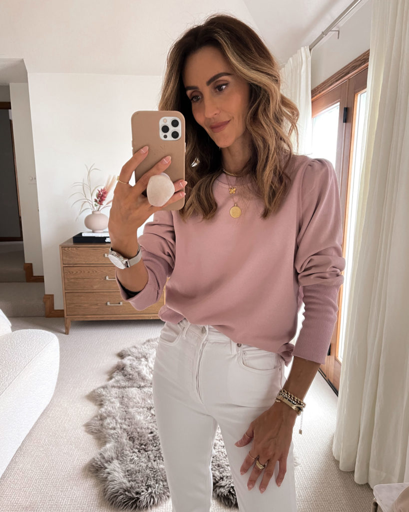 Karina Style Diaries wearing heartloom sweater, white denim