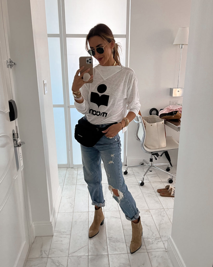 Karina Style Diaries wearing shopbop graphic tee, balenciaga belt bag, abercrombie jeans